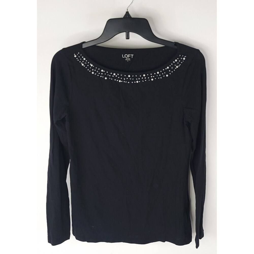Loft Womens Top Black Beaded Long Sleeve Pullover Shirt Size Small Dark Wash